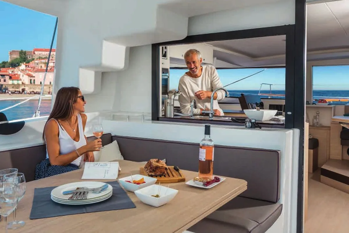 Deck of Leandra, a Bali 4.5 catamaran at Marmaris, Turkey