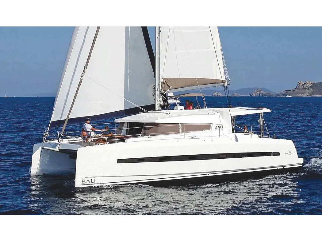 Exterior view of Leandra, a Bali 4.5 catamaran at Marmaris, Turkey