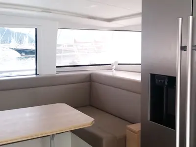 Salon of Leandra, a Bali 4.5 catamaran at Marmaris, Turkey