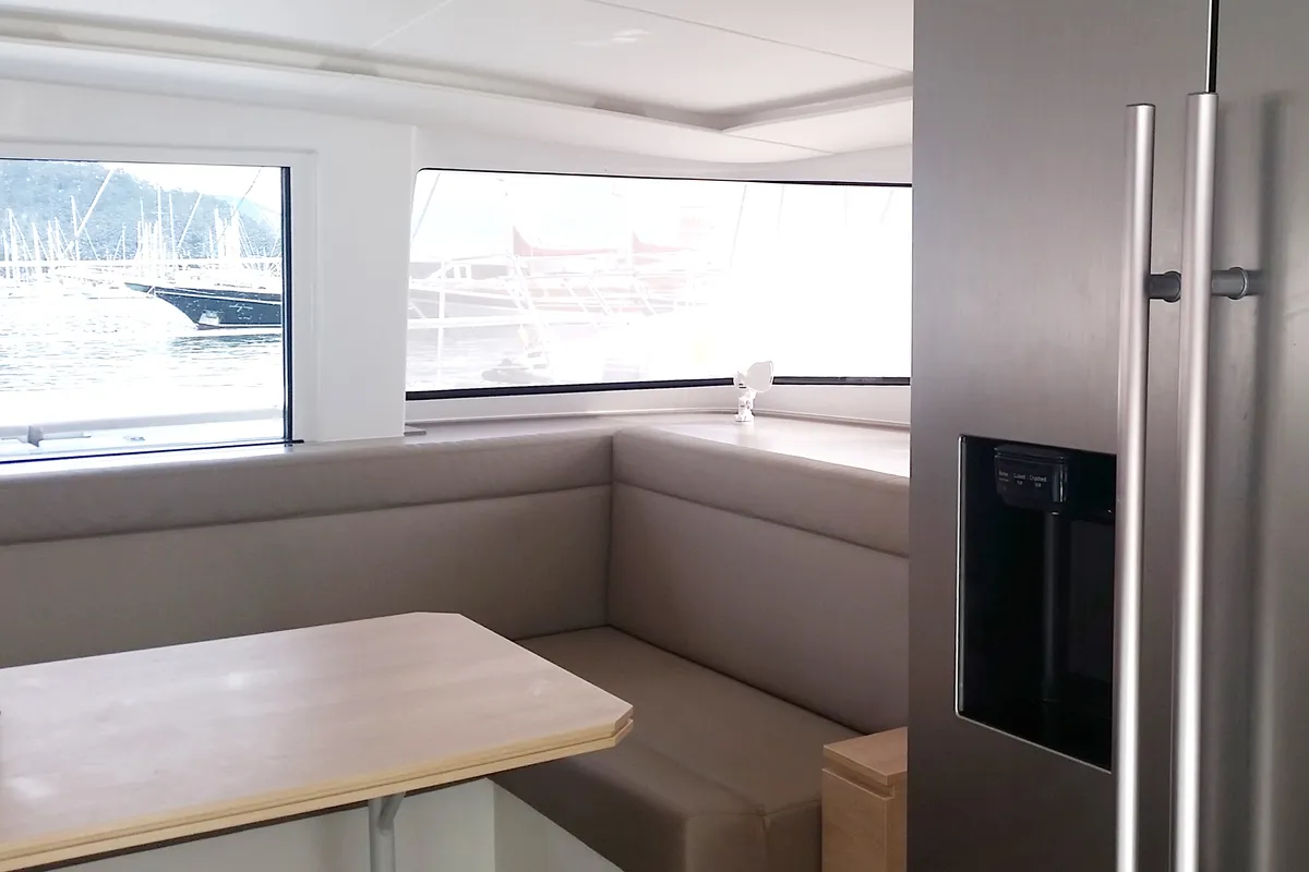 Salon of Leandra, a Bali 4.5 catamaran at Marmaris, Turkey