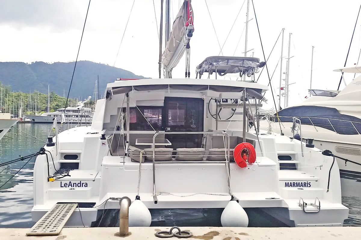 Exterior view of Leandra, a Bali 4.5 catamaran at Marmaris, Turkey