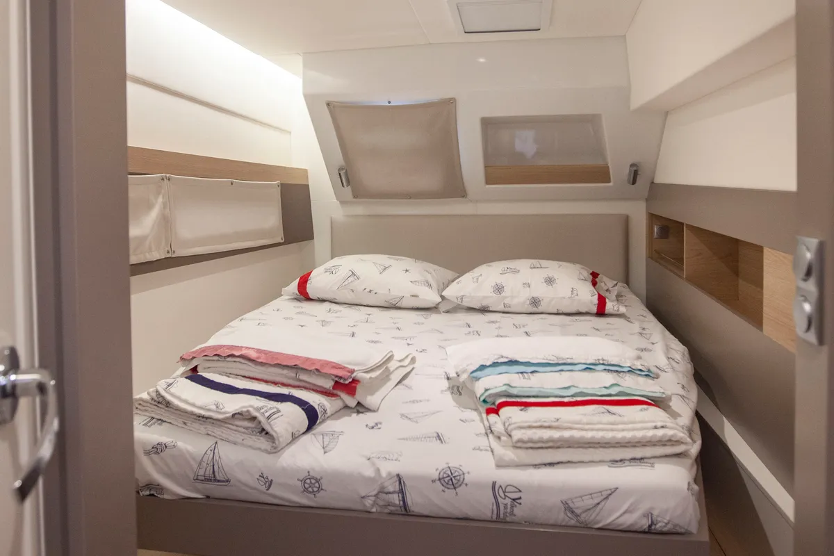 Cabin on Leandra, a Bali 4.5 catamaran at Marmaris, Turkey