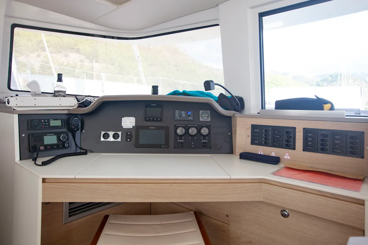 Cockpit of Leandra, a Bali 4.5 catamaran at Marmaris, Turkey