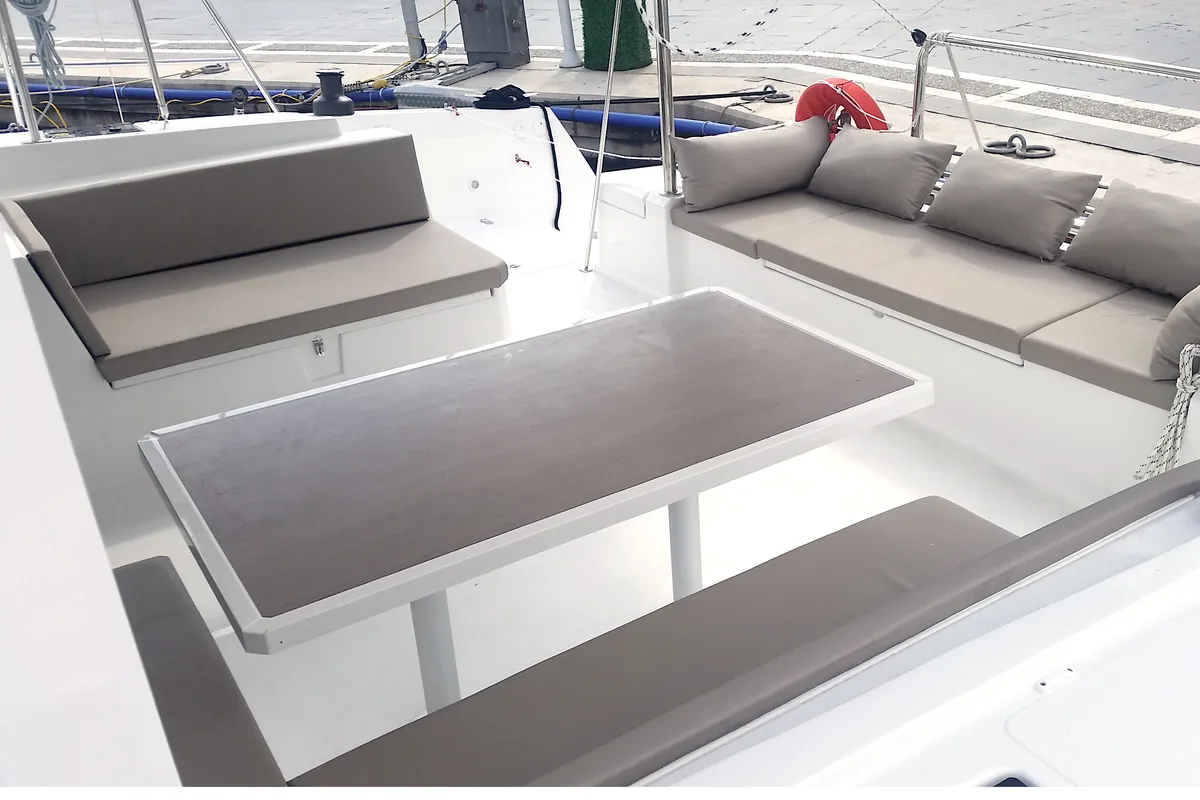 Deck of Leandra, a Bali 4.5 catamaran at Marmaris, Turkey