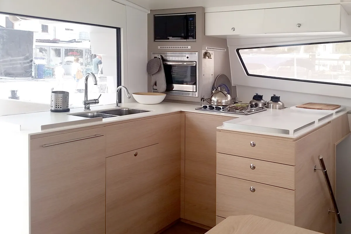 Galley of Leandra, a Bali 4.5 catamaran at Marmaris, Turkey