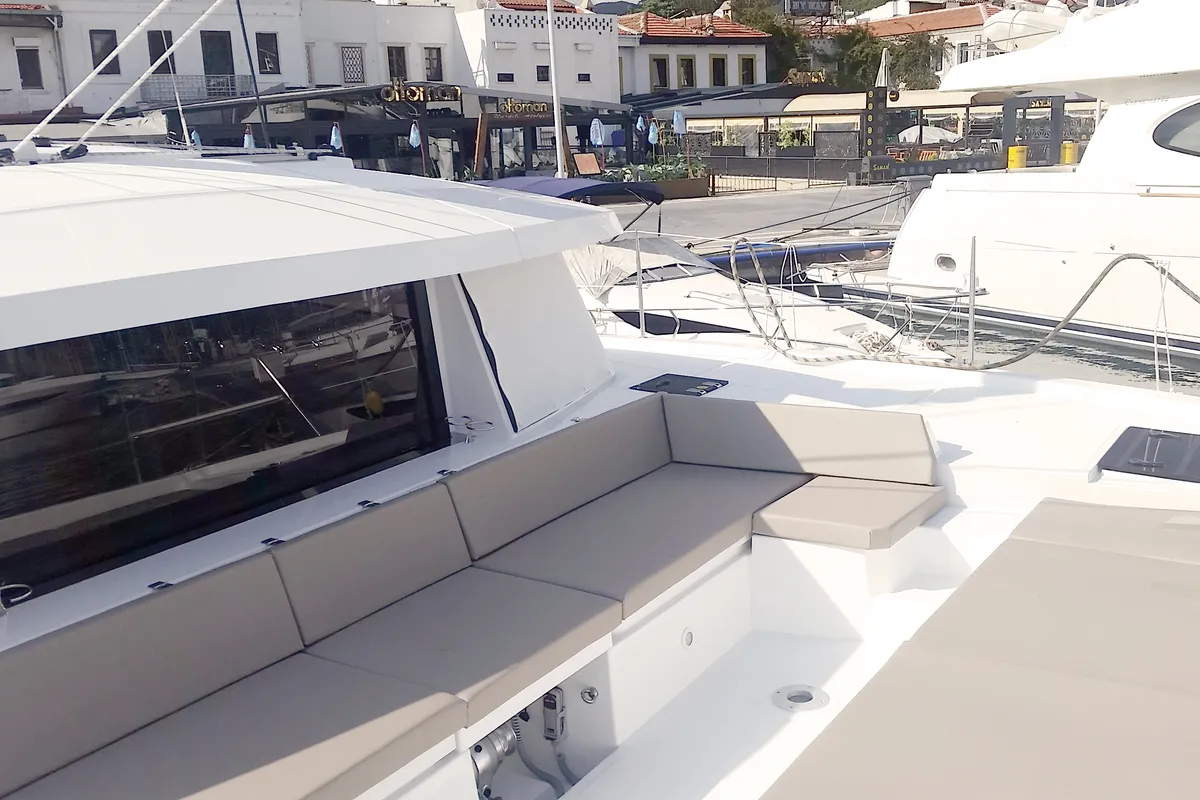 Deck of Leandra, a Bali 4.5 catamaran at Marmaris, Turkey