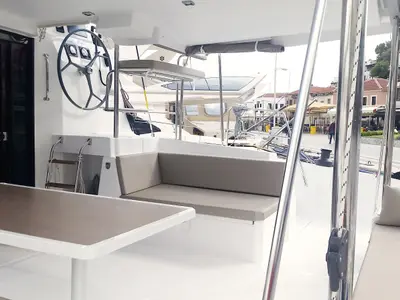 Cockpit of Leandra, a Bali 4.5 catamaran at Marmaris, Turkey