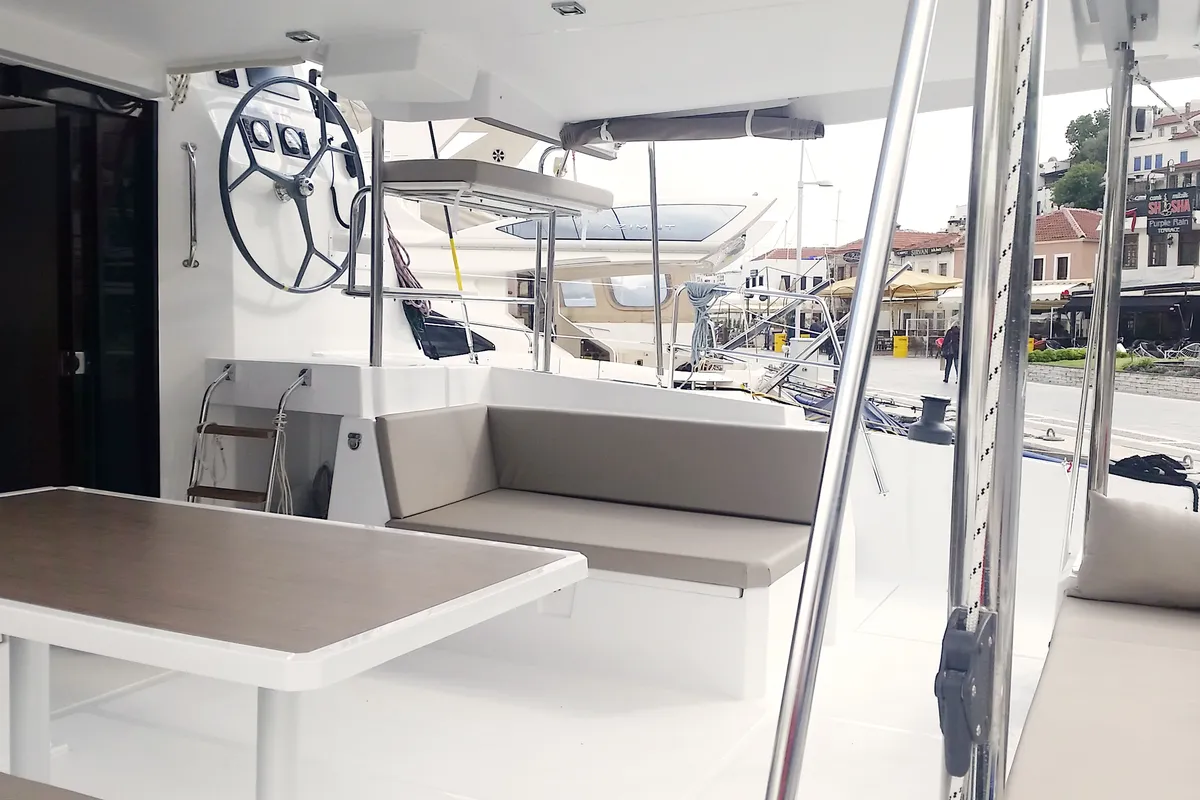 Cockpit of Leandra, a Bali 4.5 catamaran at Marmaris, Turkey