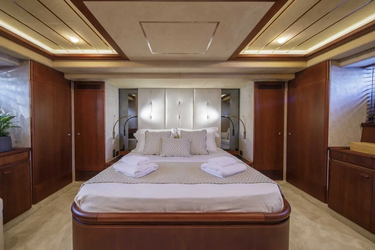 Cabin on My Way, a Ferretti 72 motor yacht at Athens, Greece