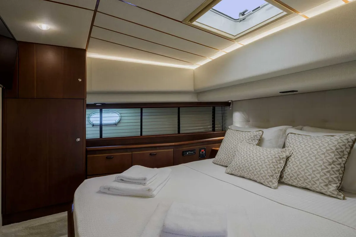 Cabin on My Way, a Ferretti 72 motor yacht at Athens, Greece