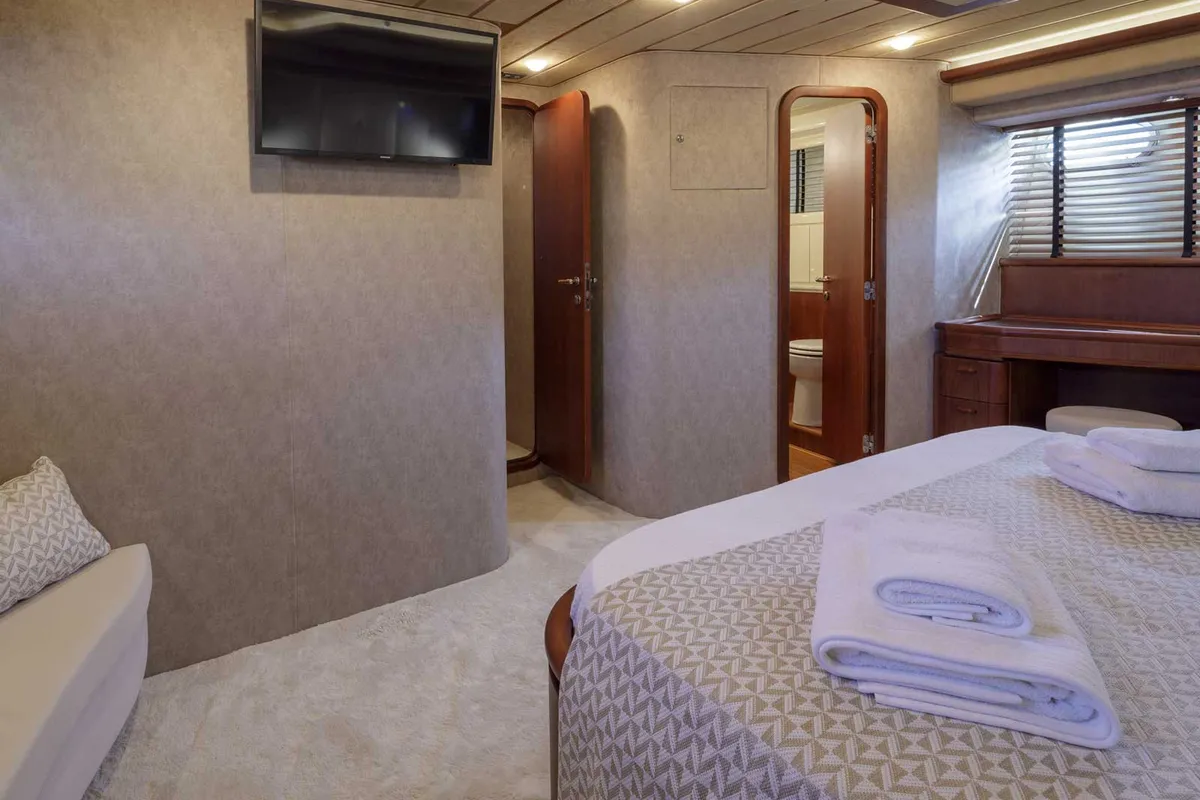 Cabin on My Way, a Ferretti 72 motor yacht at Athens, Greece