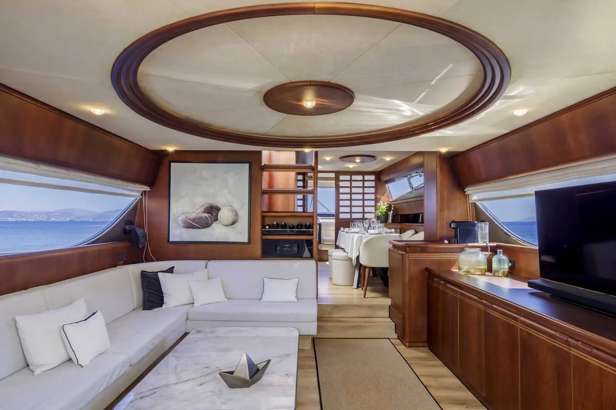 Salon of My Way, a Ferretti 72 motor yacht at Athens, Greece