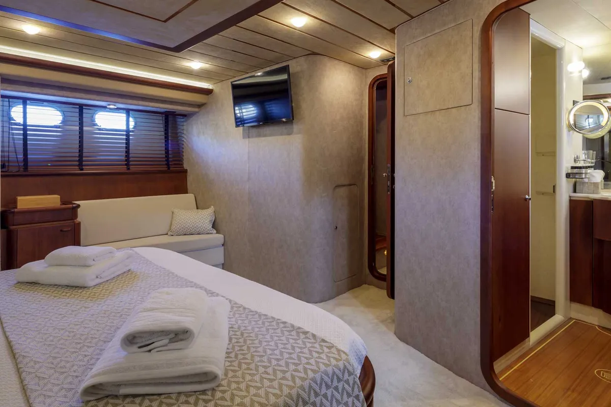 Cabin on My Way, a Ferretti 72 motor yacht at Athens, Greece