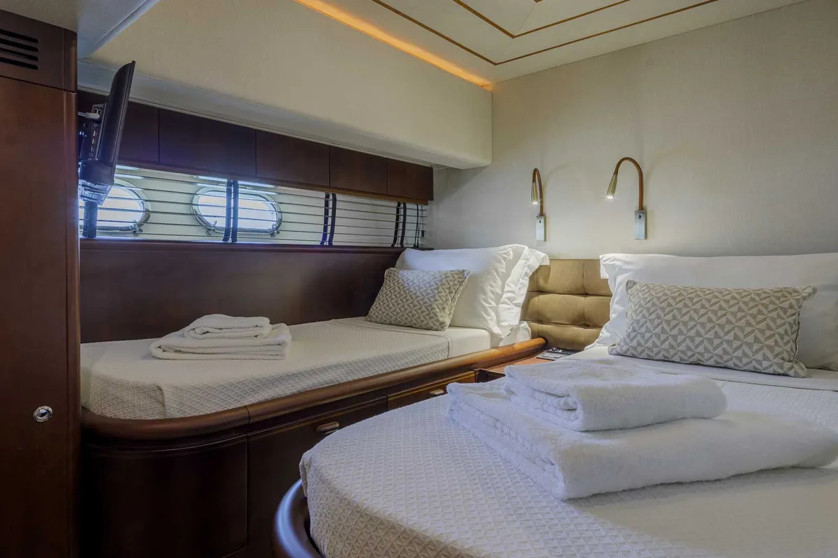 Cabin on My Way, a Ferretti 72 motor yacht at Athens, Greece