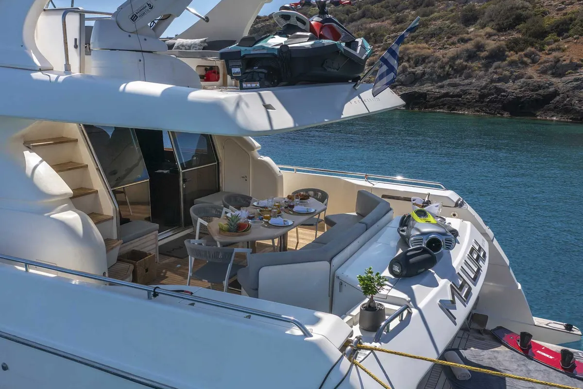 Deck of My Way, a Ferretti 72 motor yacht at Athens, Greece