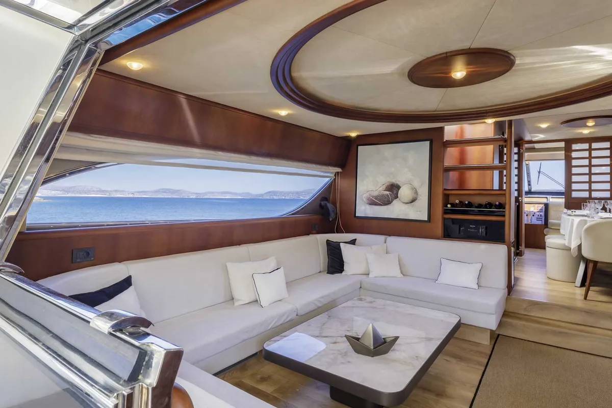 Salon of My Way, a Ferretti 72 motor yacht at Athens, Greece