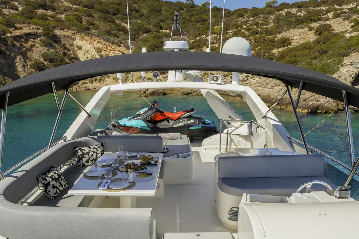 Deck of My Way, a Ferretti 72 motor yacht at Athens, Greece