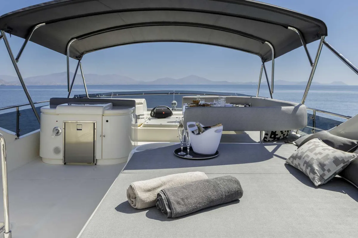 Deck of My Way, a Ferretti 72 motor yacht at Athens, Greece