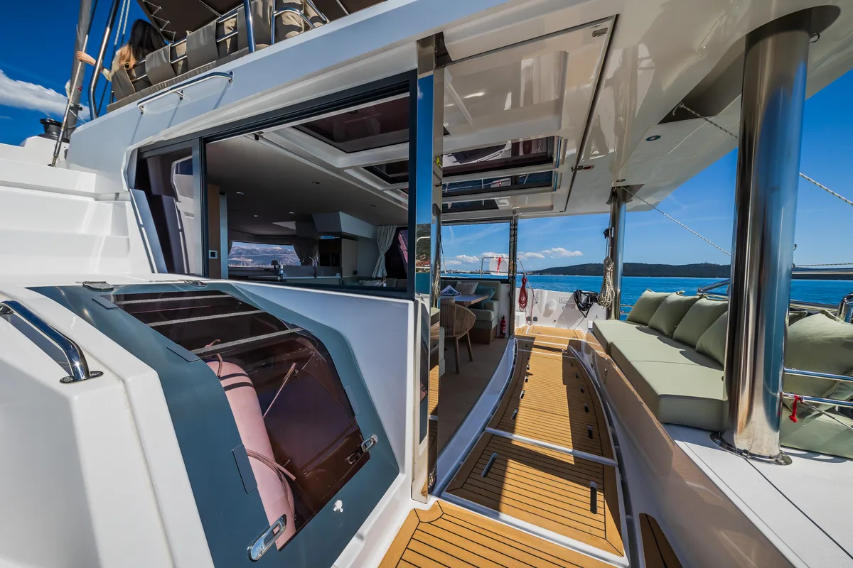 Deck of Manul, a Bali 4.8 catamaran at Grad Kaštela, Croatia