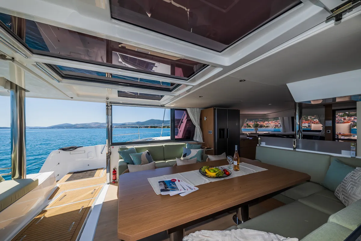 Salon of Manul, a Bali 4.8 catamaran at Grad Kaštela, Croatia