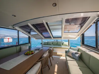 Salon of Manul, a Bali 4.8 catamaran at Grad Kaštela, Croatia