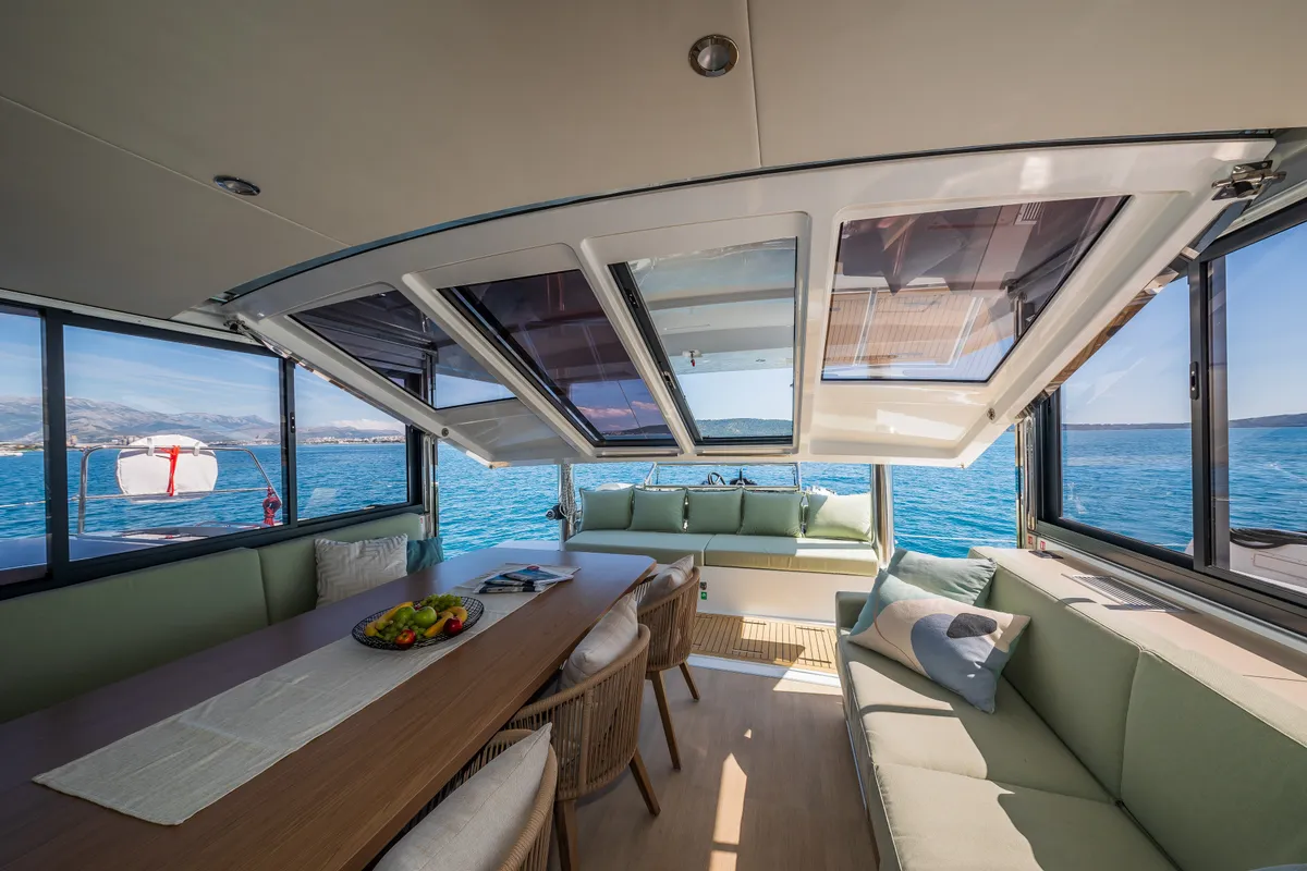 Salon of Manul, a Bali 4.8 catamaran at Grad Kaštela, Croatia