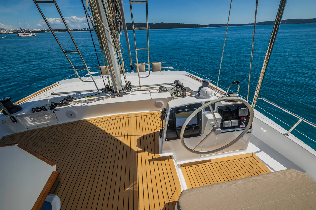 Cockpit of Manul, a Bali 4.8 catamaran at Grad Kaštela, Croatia