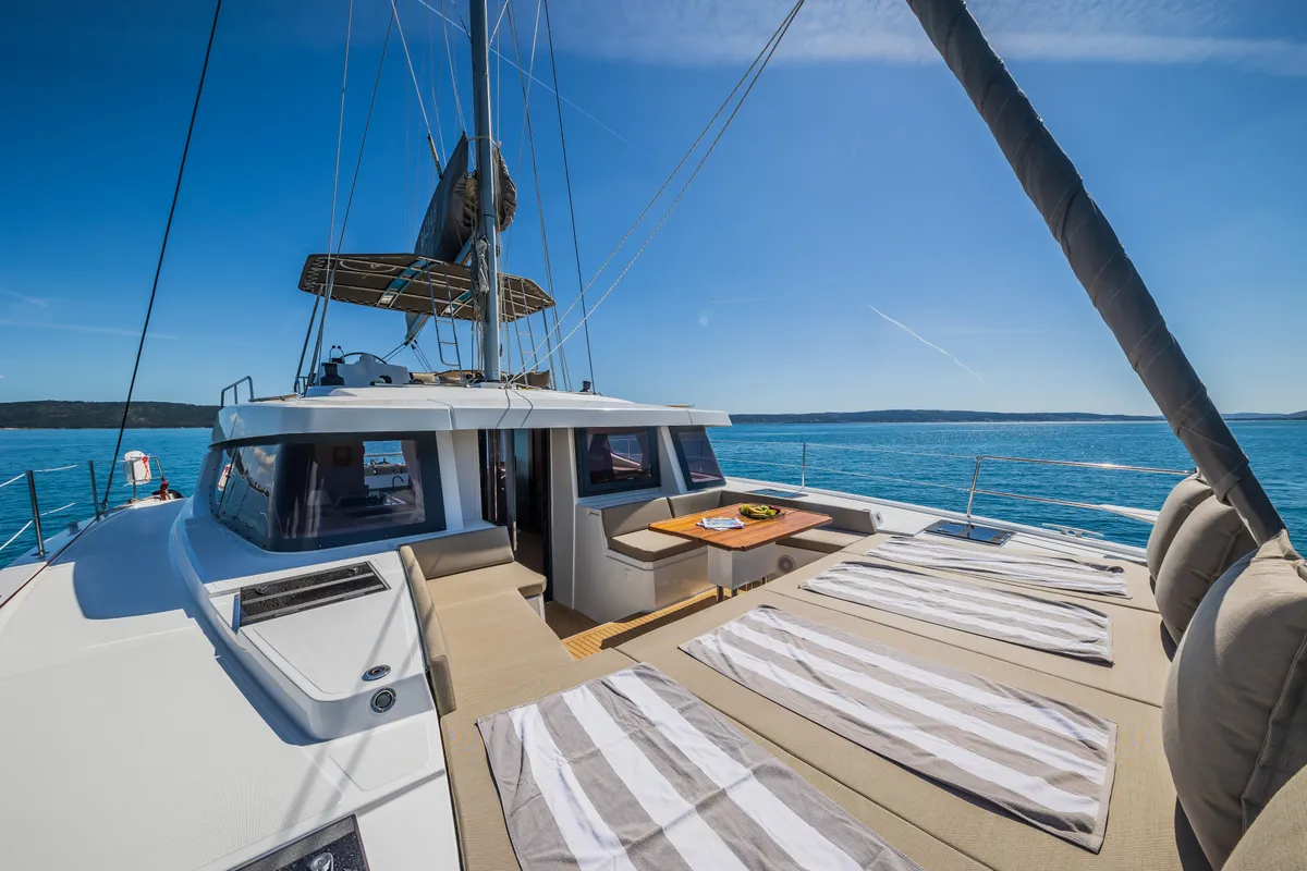 Deck of Manul, a Bali 4.8 catamaran at Grad Kaštela, Croatia