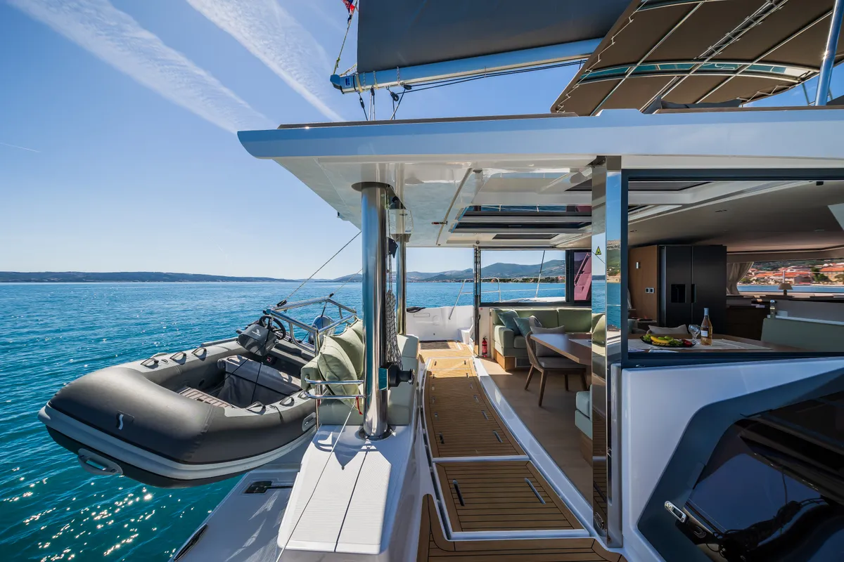 Deck of Manul, a Bali 4.8 catamaran at Grad Kaštela, Croatia