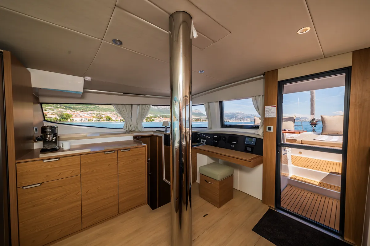 Cockpit of Manul, a Bali 4.8 catamaran at Grad Kaštela, Croatia