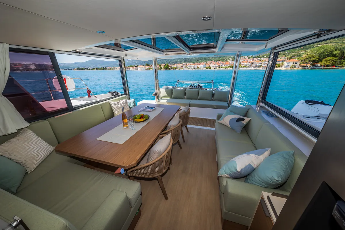 Salon of Manul, a Bali 4.8 catamaran at Grad Kaštela, Croatia