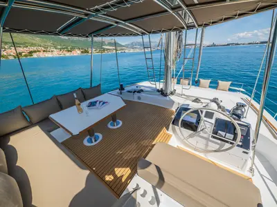 Cockpit of Manul, a Bali 4.8 catamaran at Grad Kaštela, Croatia