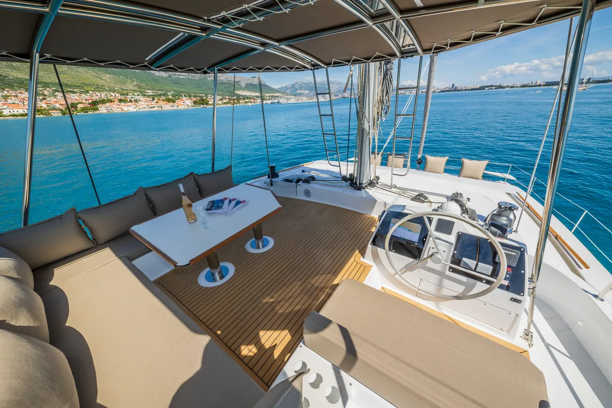 Cockpit of Manul, a Bali 4.8 catamaran at Grad Kaštela, Croatia