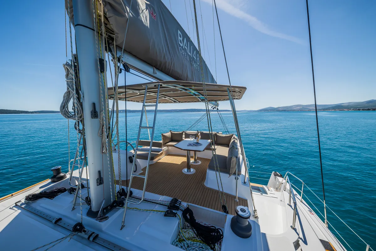 Cockpit of Manul, a Bali 4.8 catamaran at Grad Kaštela, Croatia