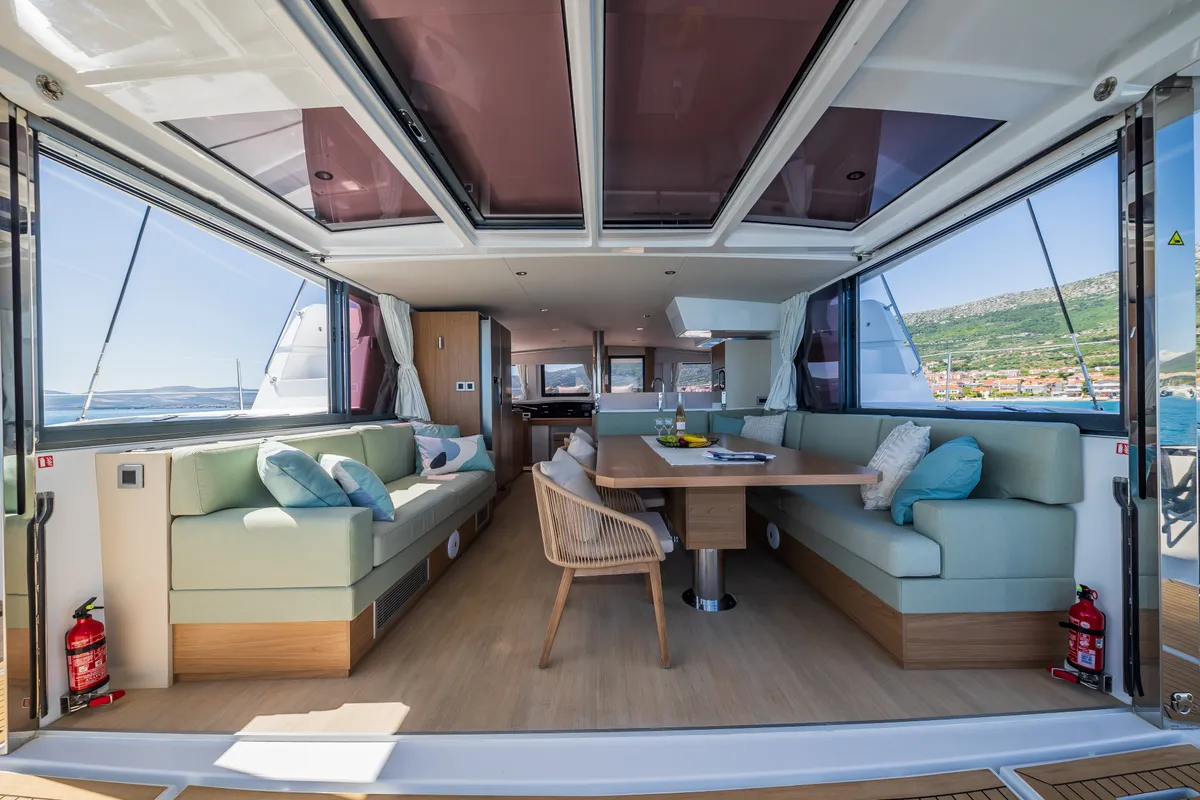 Salon of Manul, a Bali 4.8 catamaran at Grad Kaštela, Croatia