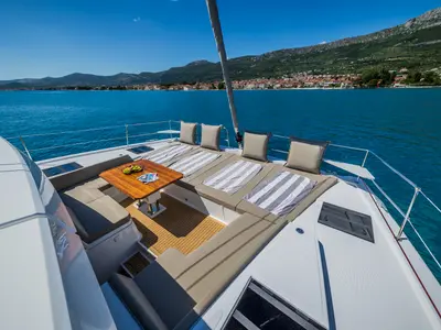 Deck of Manul, a Bali 4.8 catamaran at Grad Kaštela, Croatia