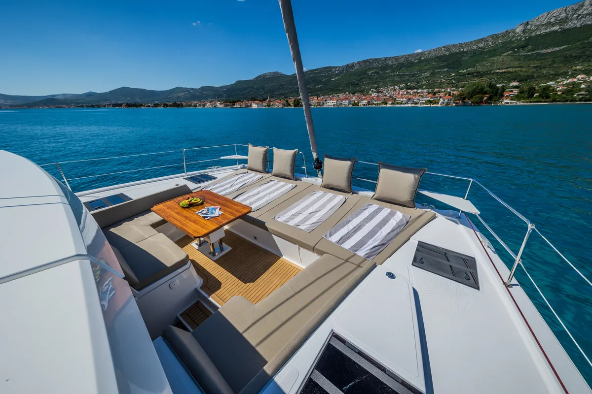 Deck of Manul, a Bali 4.8 catamaran at Grad Kaštela, Croatia
