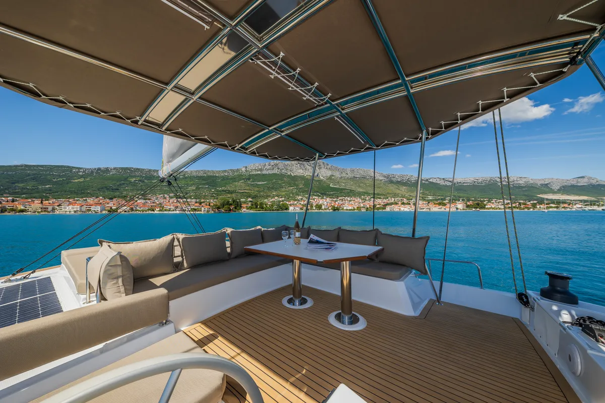 Deck of Manul, a Bali 4.8 catamaran at Grad Kaštela, Croatia