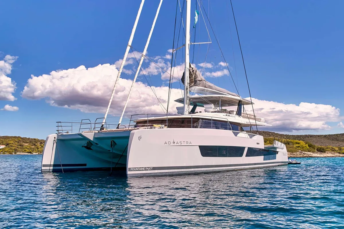 Ad Astra, a Fountaine Pajot Thira 80 catamaran at Piraeus, Greece