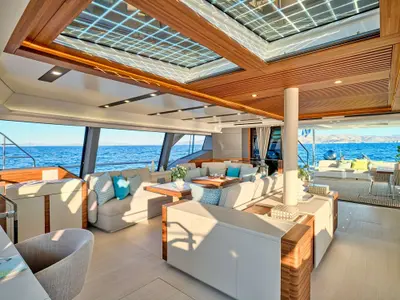 Ad Astra, a Fountaine Pajot Thira 80 catamaran at Piraeus, Greece