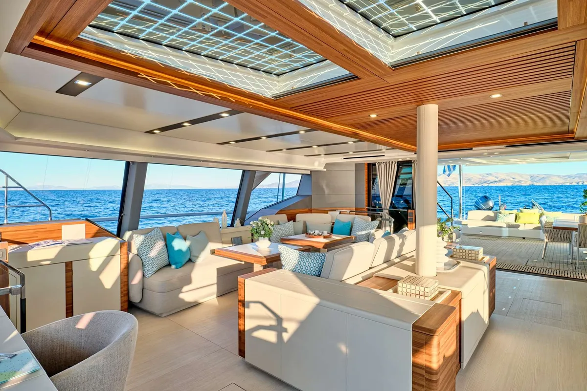 Ad Astra, a Fountaine Pajot Thira 80 catamaran at Piraeus, Greece