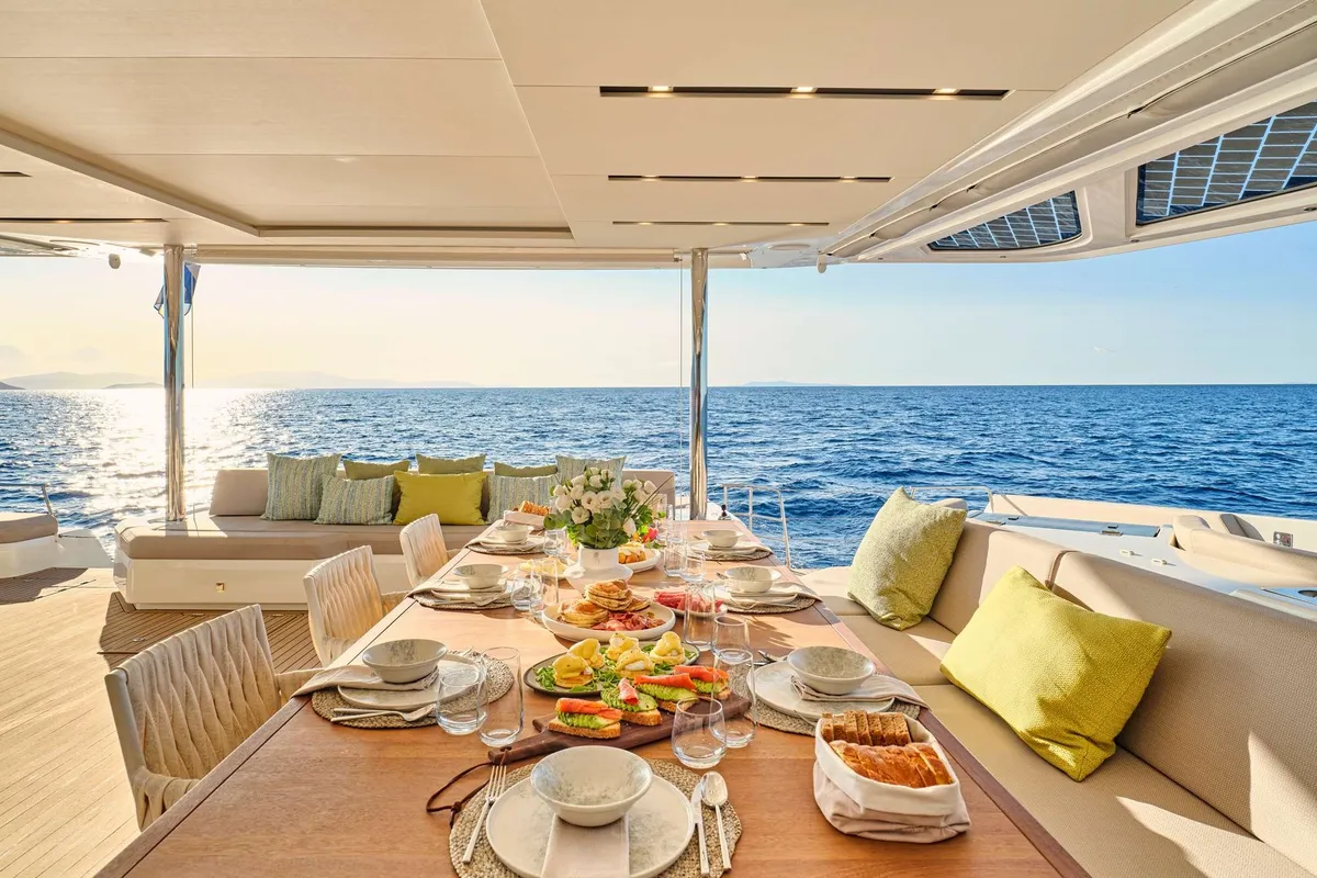 Ad Astra, a Fountaine Pajot Thira 80 catamaran at Piraeus, Greece