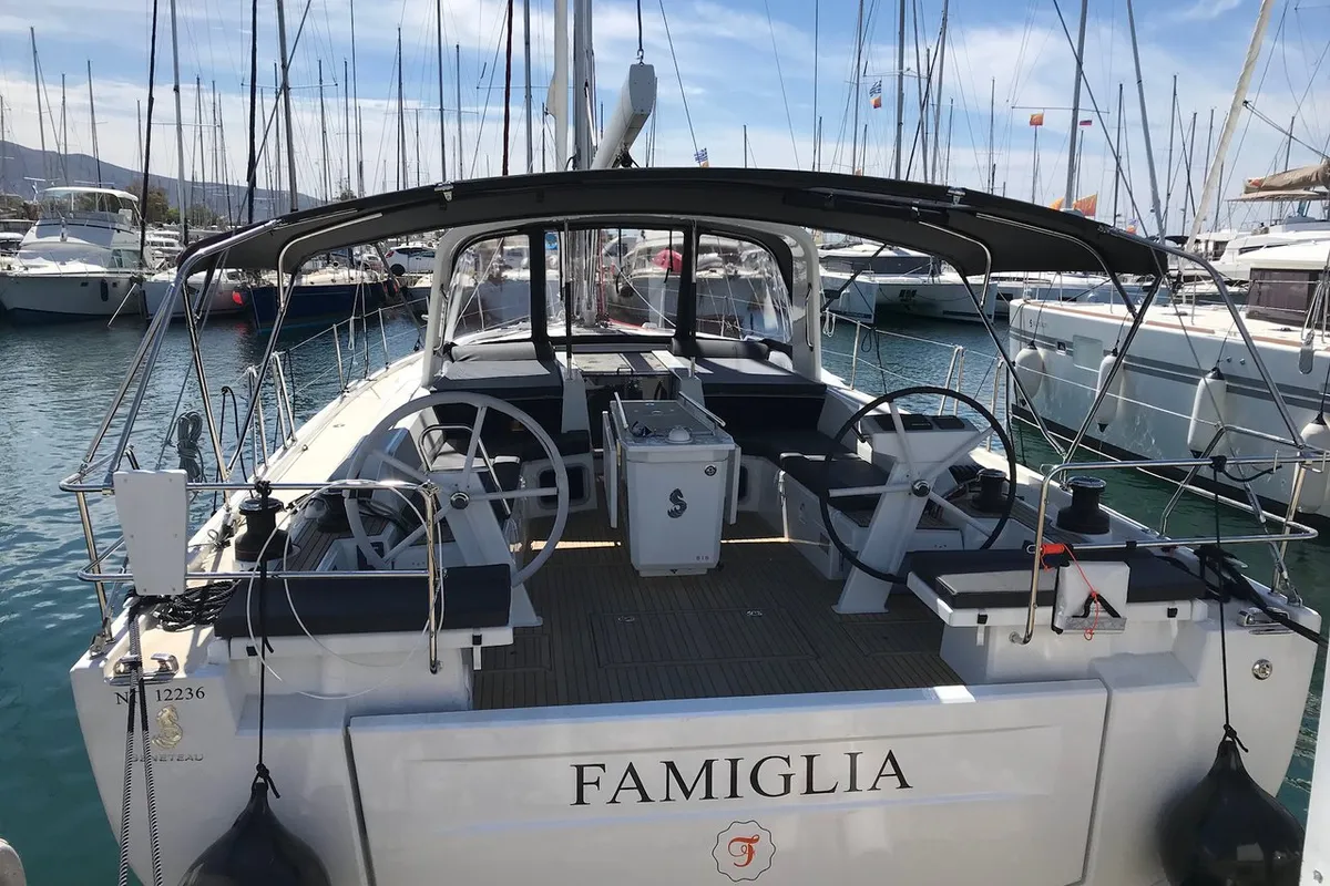 Cockpit of Famiglia, a Beneteau Oceanis 51.1 sailboat at Athens, Greece