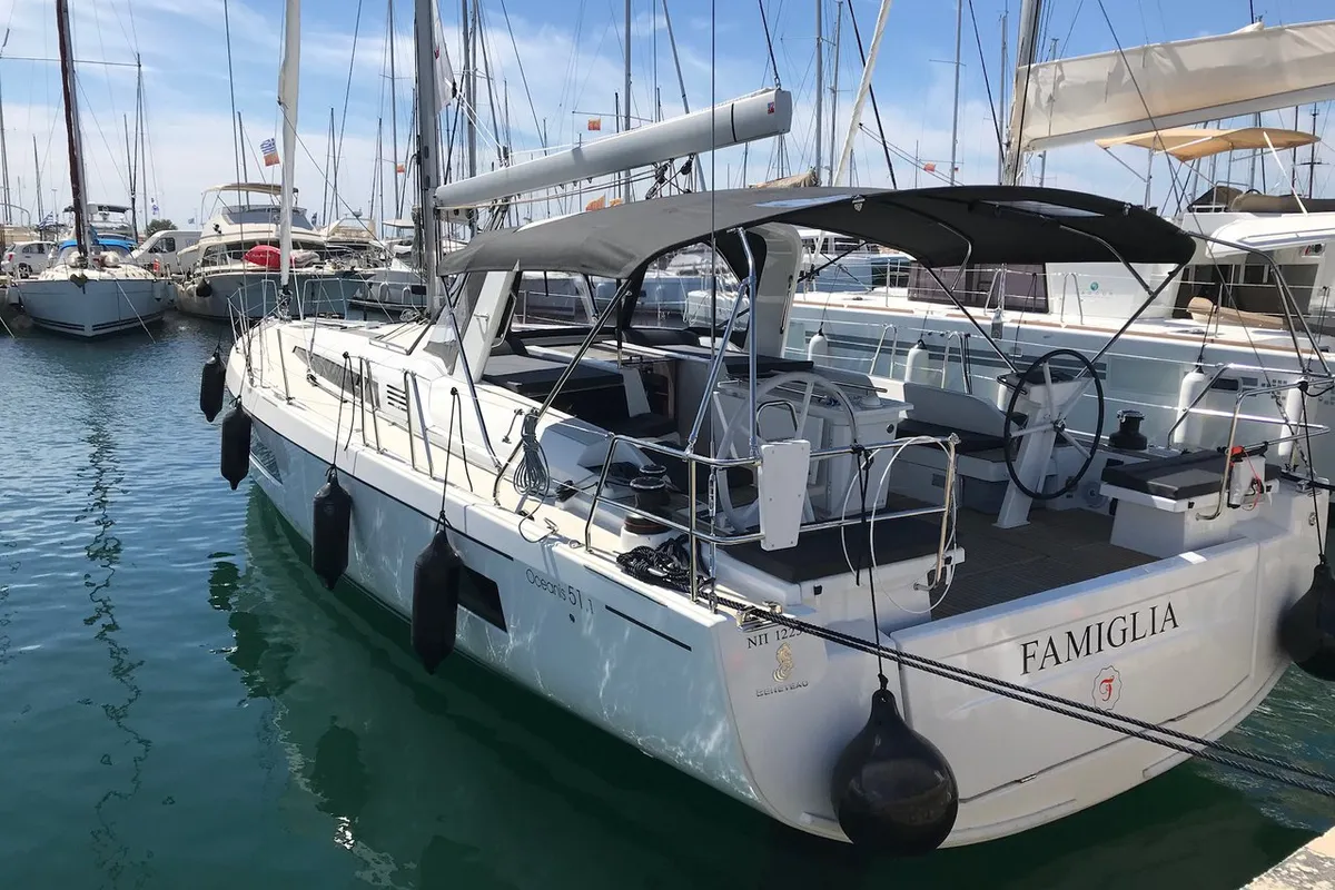 Exterior view of Famiglia, a Beneteau Oceanis 51.1 sailboat at Athens, Greece