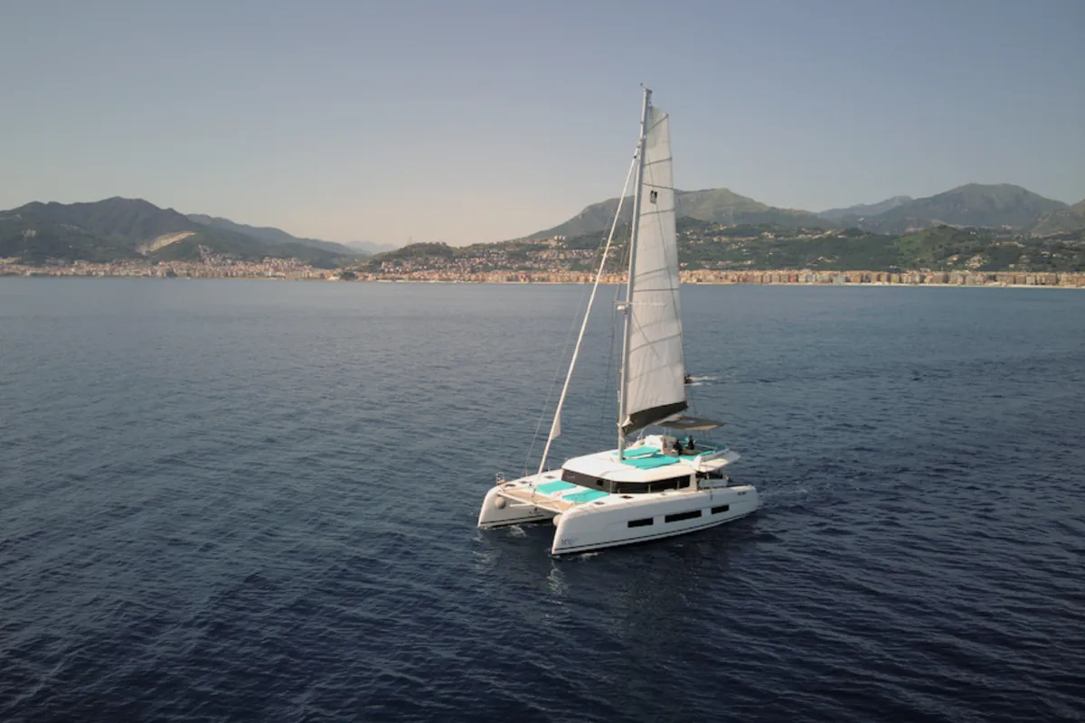 Exterior view of Futura, a Dufour Catamaran 48 catamaran at Cecina, Italy
