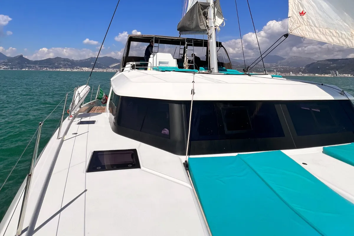 Deck of Futura, a Dufour Catamaran 48 catamaran at Cecina, Italy