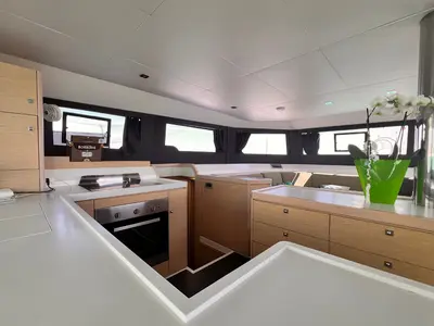 Galley of Futura, a Dufour Catamaran 48 catamaran at Cecina, Italy