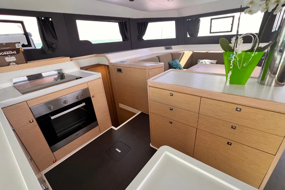 Galley of Futura, a Dufour Catamaran 48 catamaran at Cecina, Italy