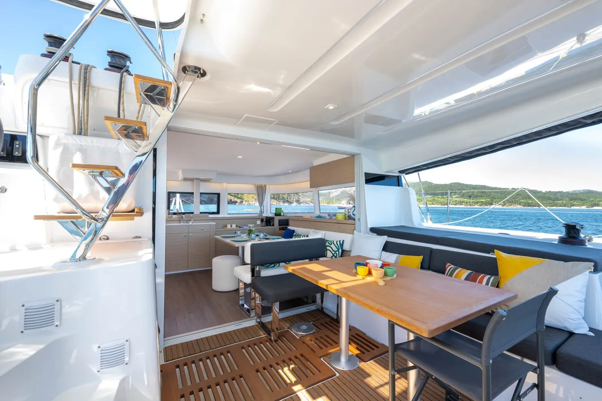 Deck of Ema, a Lagoon 43 catamaran at Grad Kaštela, Croatia