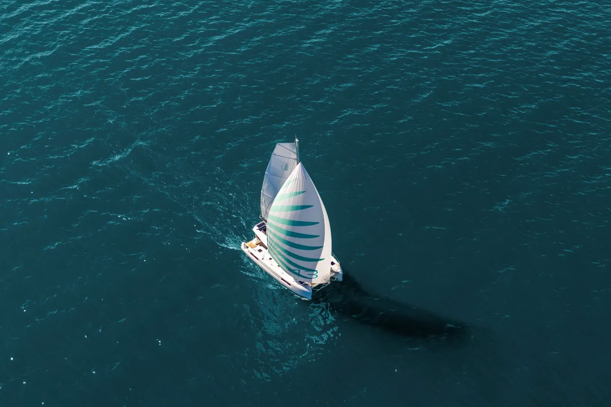 Exterior view of Ema, a Lagoon 43 catamaran at Grad Kaštela, Croatia